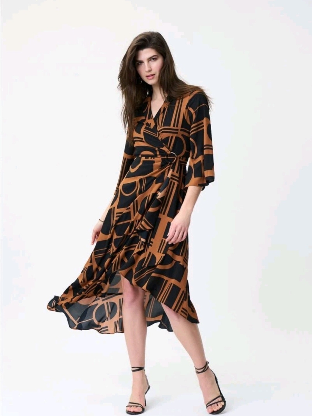 Joseph Ribkoff Black and Brown Geometric High-Low Wrap Dress